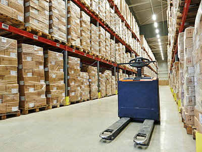 Ein Gabelstapler steht in einem Lager mit hohen Regalen voller Paletten.